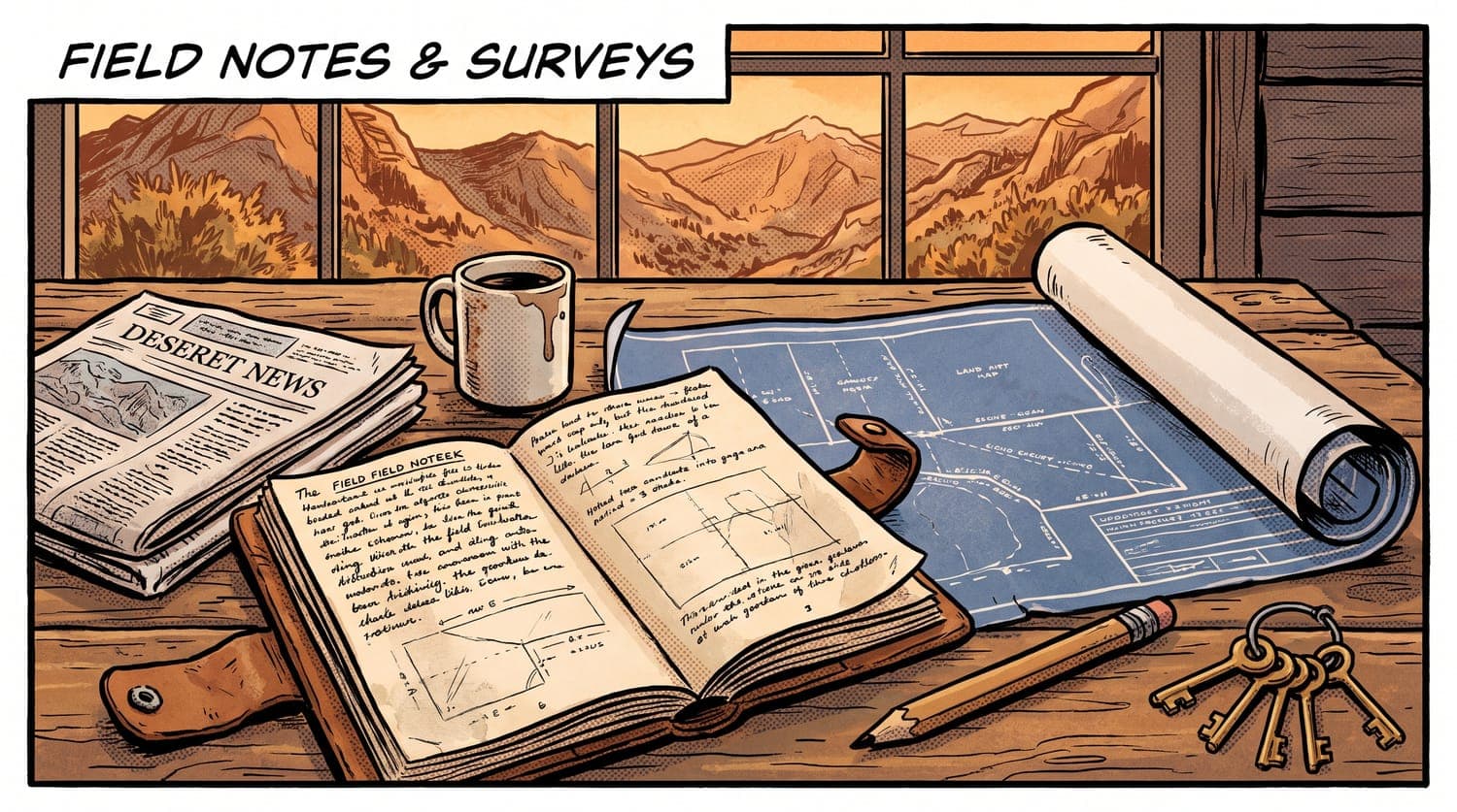 A field notebook, land survey map and newspaper on a job-site desk